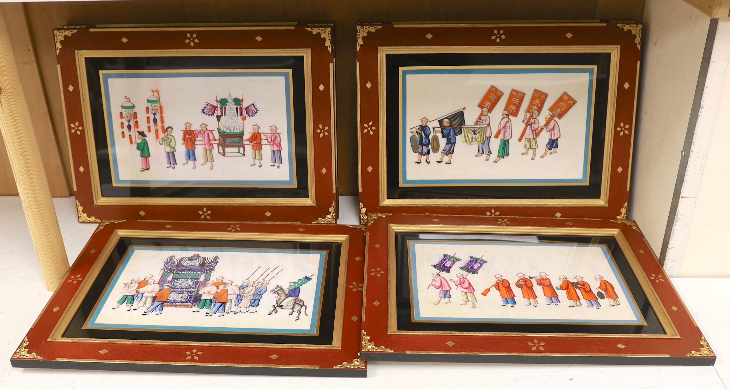 19th century Chinese School, set of six pith paper paintings, Procession scenes, 18 x 30cm